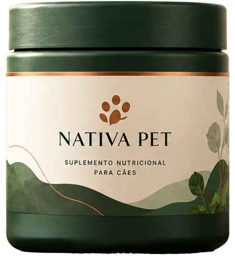 Pote verde do suplemento Nativa Pet com rótulo creme.